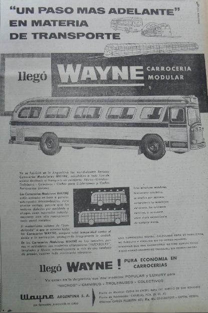 Carrocería modular Wayne (en Argentina)
Aviso publicitario de carrocerías Wayne para larga distancia
Colección J Arcuri - A A Deluca
Palabras clave: Gamba / Wayne