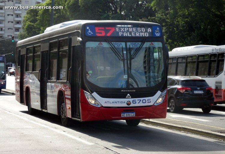Agrale MT 17.0 LE - Marcopolo Novo Torino T346 - Atlántida
AE 590 LU

Línea 57 (Buenos Aires), interno 6705

Este modelo de piso bajo se venía produciendo en Brasil como Gran Viale BRS o Viale BRS. Si bien se puede notar que no cuenta con inscripción de modelo, el gacetillas de prensa, que no son de Marcopolo, lo dan por Torino. Vamos con ese nómbre hasta la confirmación.

