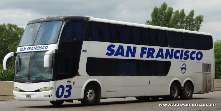 Mercedes-Benz O 500 RSD - Marcopolo G6 Paradiso 1800 DD (en Argentina) - San Francisco
KGO 563
[url=https://bus-america.com/galeria/displayimage.php?pid=68769]https://bus-america.com/galeria/displayimage.php?pid=68769[/url]

San Francisco (Prov.Sgo. del Estero), interno 03

