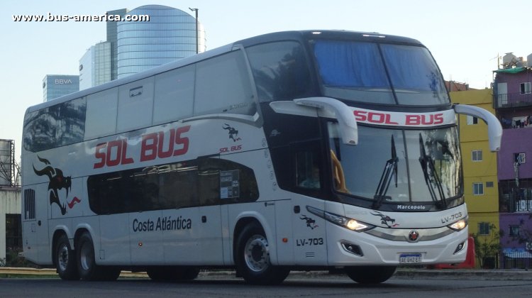 Scania K 440 B - Marcopolo New G7 Paradiso 1800 DD (en Argentina) - Sol Bus
AE 062 ET
[url=https://bus-america.com/galeria/displayimage.php?pid=65145]https://bus-america.com/galeria/displayimage.php?pid=65145[/url]

Sol Bus, interno LV-703
Línea internacional de larga distancia entre Argentina & Paraguay
