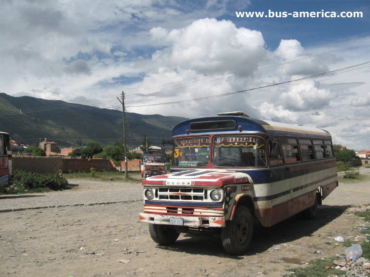Dodge D-700 - Caio Jaraguá (en Bolivia) - Sindicato Ciudad de Cochabamba
104 KXT - ex patente CBA 571

Para conocer mas sobre esta línea y su historia en: [url=https://revista.bus-america.com/Notas/3V.htm]Línea 3v de Cochabamba[/url]

