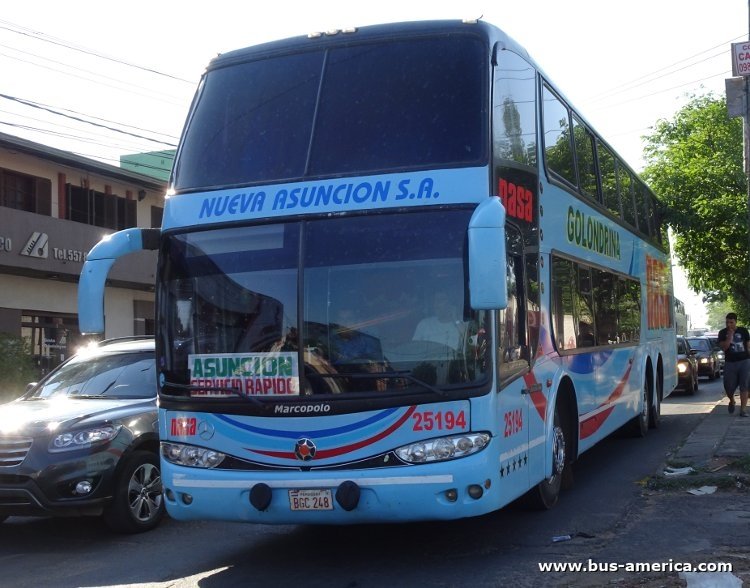 Mercedes-Benz O 500 RSD - Marcopolo G6 Paradiso 1800 DD (en Paraguay) - NASA , Golondrina
BGC 248

NASA - Golondrina, interno 25194
