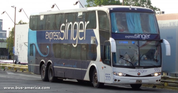 Mercedes-Benz O-500 RSD - Marcopolo Paradiso 1800 DD G6 (en Argentina) - Expreso Singer 
GUW742
http://galeria.bus-america.com/displayimage.php?pid=39864

Exp. Singer, interno 555
