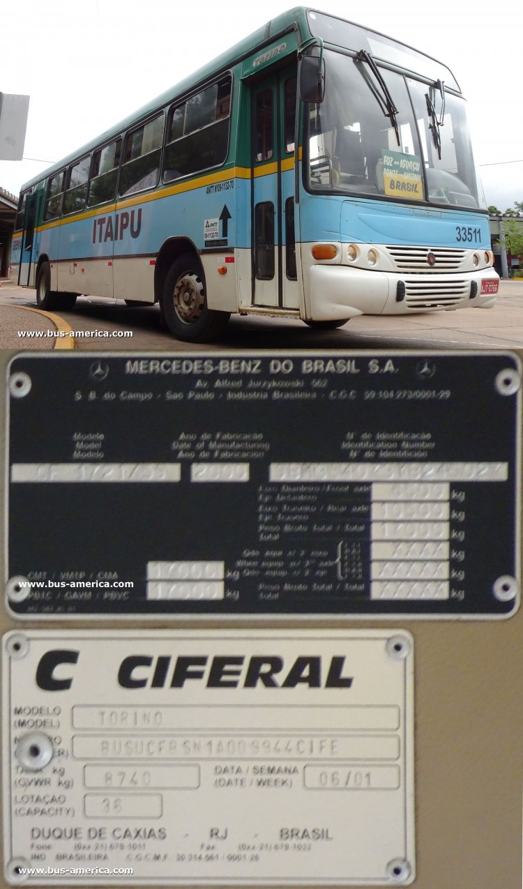 Mercedes-Benz OF 1721 - Marcopolo Torino - Viacao Itaipu
AJT-0766

Itaipú, unidad 33511
Línha 09-1132-70, urbana internacional Pto. Iguazu-Foz do Iguaçu, dejó de operar a fines de 2018 y transferidos sus servicios a Easy Bus



Archivo originalmente posteado en febrero de 2018
