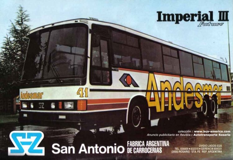 Decaroli 280 RS - San Antonio Imperial III Futuro - Andesmar
Aviso comercial de carroceras San Antonio publicado en Revista Autotransporte Rosario - mayo-junio 1986
