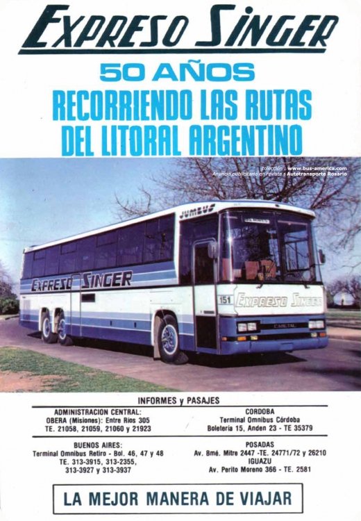 Scania K 112 - Cametal Jumbus - Expreso Singer
Aviso comercial de Singer publicado en Revista Autotransporte Rosario - mayo-junio 1986
