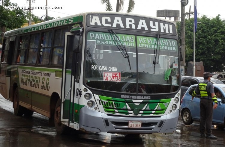Neobus Mega (en Paraguay) - Acaraymi
CEA 948

Línea 2 (Ciudad del Este), unidad 04




Archivo originalmente subido entre febrero y agosto de 2019

