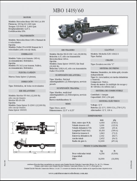 MERCEDES BENZ MEXICO
CHASIS MOTOR DELANTERO TIPO LO ARGENTINO PARA CARROZAR EL MODELO DENOMINADO BOXER PARA TODO ESTOS TIPO DE CHASIS
Palabras clave: MBO-1419-60