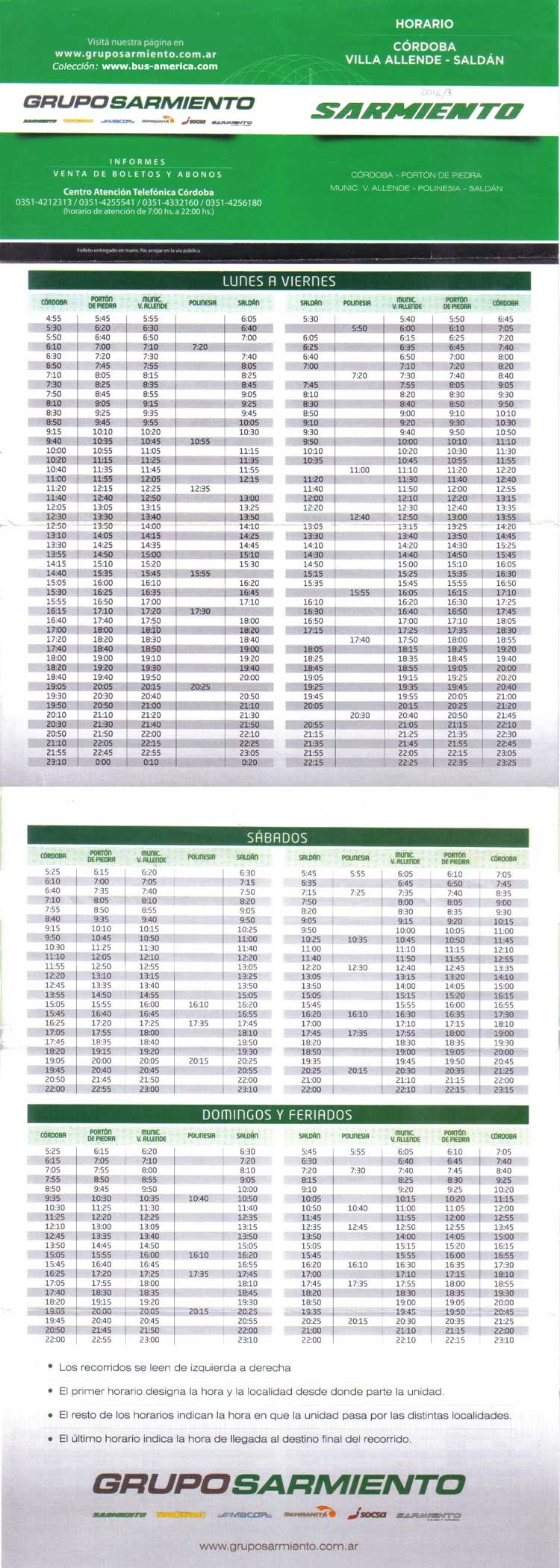 Sarmiento
Horarios 2016
