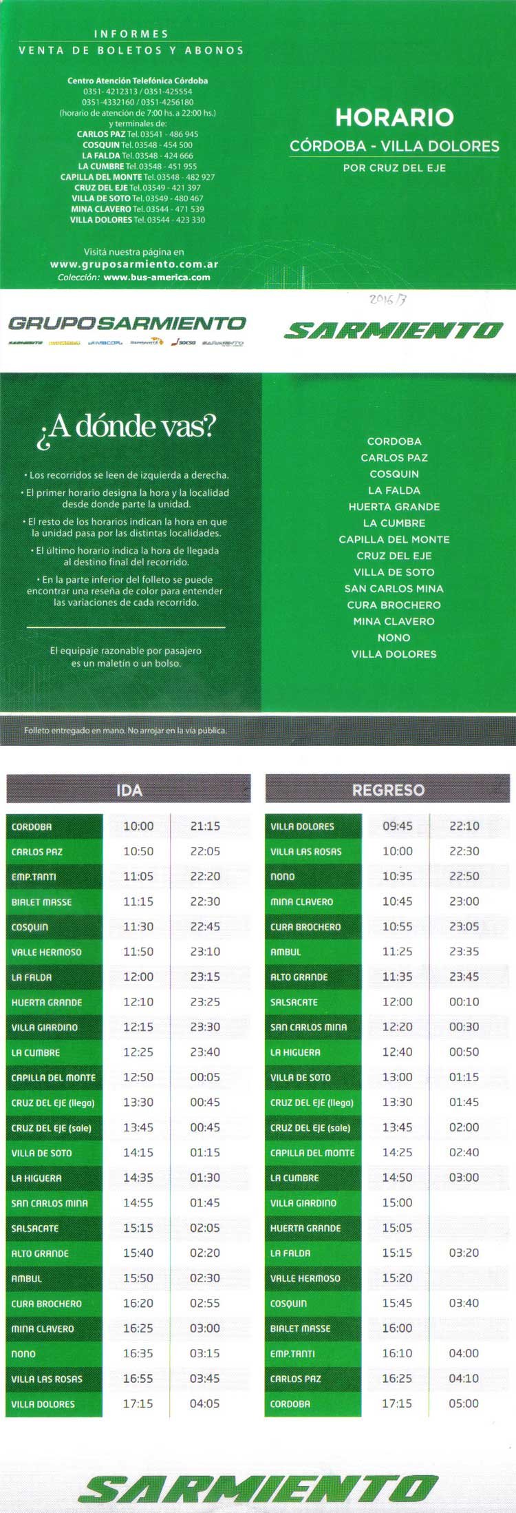 Sarmiento
Horarios 2016
