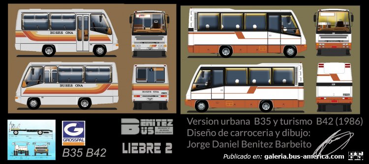 BenitezBus "Liebre 2" chasis Grosspal  
BenitezBus "Liebre 2" chasis Grosspal  versiones urbana y turismo de 1986
Palabras clave: grosspal B35 B42 Minibus Microbus Liebre Chile Mendoza Argentina BenitezBus