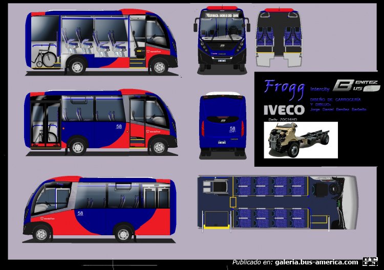 "BENITEZBUS FROGG Intercity" 
sobre chasis Iveco Daily 70C16HD para el grupo 700 de la provincia de Mendoza 
Palabras clave: BENITEZBUS FROGG Intercity Iveco Daily 70C16HD grupo 700 Mendoza diseño sin carrozar dibujo plano