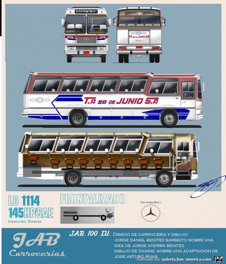 CARROCERIAS J.A.B 100 IU LO 1114 FRONTALIZADO POR TALLERES PIZZO
Bueno aca les dejo lo prometido, un diseño de la carrocera ficticia de mi papa que dio origen a la mia, en este caso un modelo de larga distancia que mi papa hizo el boceto grueso del lateral  y nunca termino sobre Pegaso 5030, tomando ese diseño incluso diseñe trompa y culata para montarlo en este caso sobre una peculiar version del clasico LO1114 de Mercedes Benz pero frontalizado por talleres pizzo en los creditos nombre a Arturo, porque si bien el dibujo del chasis es mio lo hice basado en sus planos ya que el participo , realizo dicha modificacion. Espero les guste notaran que es similar a la urbana que subi hace poco sobre LO 1112, YA QUE SERIA DE LA MISMA EPOCA en este caso 1971 
Palabras clave: J.A.B BENITEZBUS FRONTALIZADO 1114 PIZZO