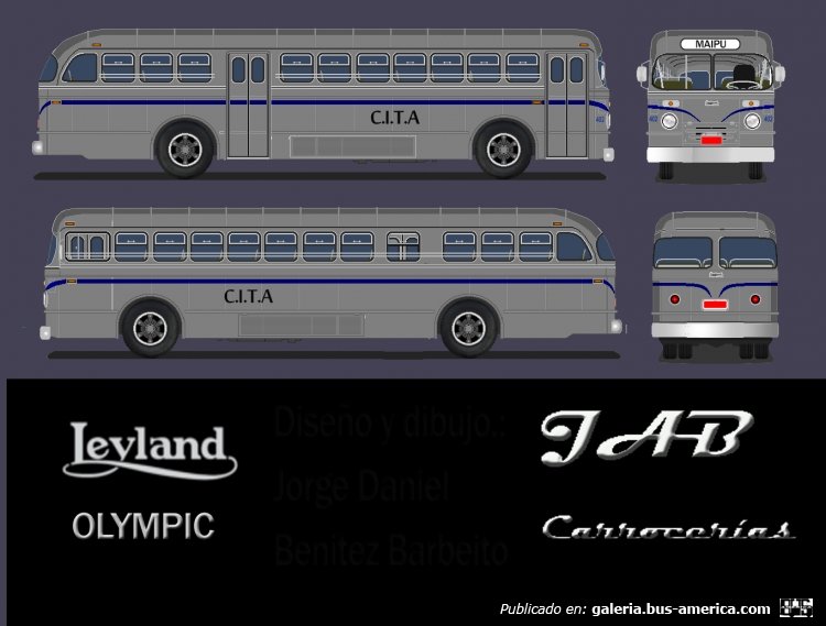 Leyland Olympic-carrocerias J.A.B
Carroceria ficticia de mi autoria sobre chasis Leyland para la Cita predecesora de la TAC ,  .Cabe destacar que la Cita si tuvo buses Leyland pero con carroceria Inglesa MCW. Este es un modelo de carrocerí ficticia, continuando la gama de carrocerías ficticias de mi papa.
Palabras clave: Leyland CITA Mendoza JAB Benitezbus