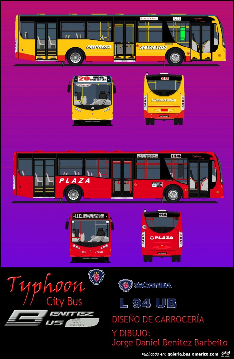 TYPHOON primera generación chasis Scania piso bajo 
Este es mi primer diseño de bus urbano el cual hice en 1998 con 14 años fui a procargo a pedir folletos y me dieron el folleto de la serie 4 de buses vi los modernos buses del plaza con carrocería Marcopolo y Caio y decidi hacer la mia en el tablero siguiendo las medidas del folleto esta carrocería la fui actualizando hasta nuestros dias
Palabras clave: Scania Typhoon BenitezBus Mendoza Buenos Aires Plaza Corsino L-94UB Diseños sin carrozarPlano dibujo diseño