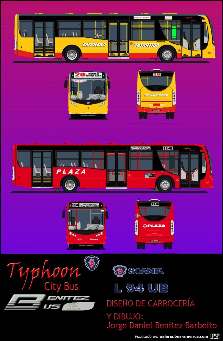 TYPHOON primera generación chasis Scania piso bajo 
Este es mi primer diseño de bus urbano el cual hice en 1998 con 14 años fui a procargo a pedir folletos y me dieron el folleto de la serie 4 de buses vi los modernos buses del plaza con carrocería Marcopolo y Caio y decidi hacer la mia en el tablero siguiendo las medidas del folleto esta carrocería la fui actualizando hasta nuestros dias
Palabras clave: Scania Typhoon BenitezBus Mendoza Buenos Aires Plaza Corsino L-94UB Diseños sin carrozarPlano dibujo diseño