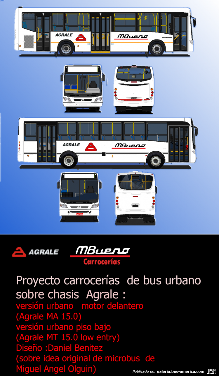 Proyecto Bus urbano para carrocerías Bueno Mendoza 
En 2012 Carrocerías Bueno conocida por hacer cabinas dormitorios para camiones intenta incursionar en el mercado de ómnibus con un  minibus la realización del mismo estuvo a cargo de un ex empleado de Marri Colonesse después de carrozado surgió la posibilidad de que realizará los planos para la aprobación en el CNRT y diseñará ya desde mi humilde tablero y compu otras versiones como estos  urbanos que les muestro, y también una versión de media distancia todos sobre chasis Agrale siempre considerando que Bueno tenía el concesionario de dicha marca íbamos a ser la Todo Bus Mendocinas jojoooo lamentablemente el proyecto no prosperó por las mismas razones de siempre
Palabras clave: Bueno Agrale diseño sincarrozar