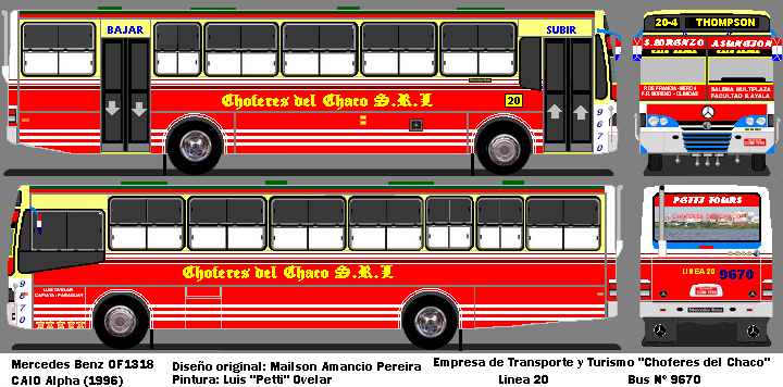 Mercedes-Benz OF 1318 - CAIO Alpha (en Paraguay) - Emp. Choferes del Chaco S.R.L. , Linea 20 Interno 9670
Diseño original: Mailson Amancio Pereira
Pintura: Luis "Petti" Ovelar
Palabras clave: CAIO Alpha 9670