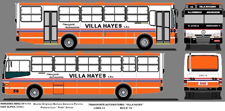 Mercedes Benz OF 1318 CAIO Alpha (1996) Empresa Villa Hayes S.R.L Linea 19 Nº 50 (En Paraguay)
Diseño original: Mailson Amancio Pereira
Pintura: Luis "Petti" Ovelar
Palabras clave: CAIO Alpha 50