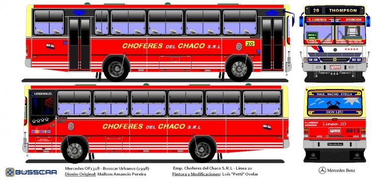 Mercedes-Benz OF 1318 - Busscar Urbanus (en Paraguay) - Emp. Choferes del Chaco S.R.L Linea 20 Nº 9913
Diseño Original: Mailson Amancio Pereira
Pintura y Modificaciones: Luis "Petti" Ovelar
Palabras clave: Mercedes OF