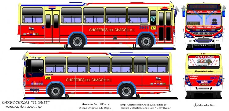 Mercedes-Benz OF 1417 - Carrocerias  EL BUSS (2011) - Emp. Choferes del Chaco S.R.L. , Linea 20 
Diseño Original: Edu Rojas
Pintura y Modificaciones: Luis "Petti" Ovelar
Palabras clave: EL Buss 2011