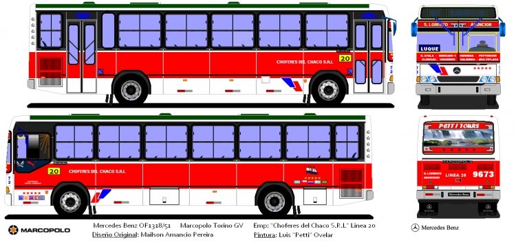 Mercedes-Benz OH 1318/51 - Marcopolo Torino GV (en Paraguay) - Emp. Choferes del Chaco S.R.L Linea 20 , Interno 9673
Diseño Original: Mailson Amancio Pereira 
Pintura: Luis "Petti" Ovelar
Corte de Pintura Anterior
Palabras clave: MB