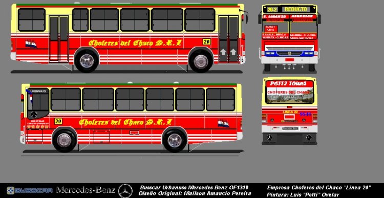 Mercedes Benz OF 1318 BUSSCAR Urbanus (1995) Emp. Choferes del Chaco S.R.L Linea 20 Nº 9541 (En Paraguay)
Diseño Original: Mailson Amancio Pereira
Pintura: Luis "Petti" Ovelar
Palabras clave: Busscar Urbanus 9541