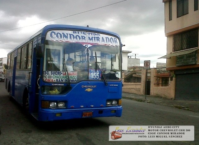 Hyundai  Aero City (en Ecuador) - Condor Mirador
Bus tipo Coop Condor Mirador
Con motor CHR 500 

Palabras clave: Hyundai  Aero City Motor Chevrolet Isuzu Chr 500
