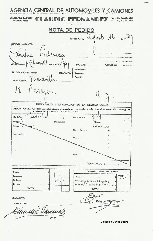 Documento pedido de compra.
Pedido de compra Pulllman Chevrolet 1939 OKm. carrocería  La Maravilla 18 pasajeros
