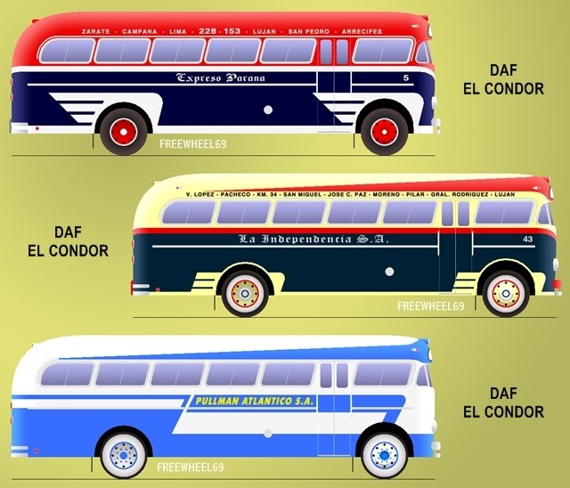 Carrocerías El Cóndor sobre chasis DAF B 62
Carrocerías El Cóndor sobre DAF B 62, para distintas empresas.
[Datos de arriba a abajo]
