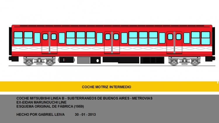 Subtes Mitsubishi - Metrovías
Línea B
DIBUJO DE LOS ACTUALES COCHES QUE CIRCULAN EN LA LÍNEA B DE SUBTERRÁNEOS DE BUENOS AIRES.
ESTOS COCHES FUERON ADQUIRIDOS USADOS DEL METRO DE TOKIO EN 1995.
Palabras clave: LINEA   B    MITSUBISHI    SUBTES    METROVIAS