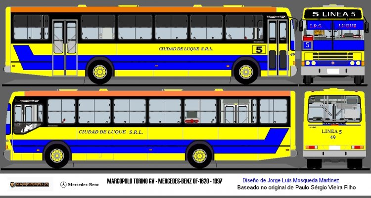 Mercedes-Benz  OF 1620 - Marcopolo Torino GV (en Paraguay) - Linea 5 , Ciudad de Luque 
Diseño de Bus
Diseño Original: Paulo Sergio Vieira
Modificacion y Pintura: Jorge Luis Mosqueda
Palabras clave: MB