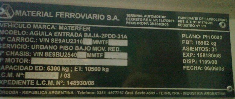 Ficha técnica chasis Materfer BU 11 15 LE
