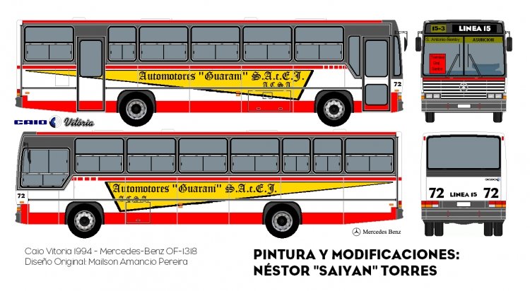 Mercedes-Benz OF 1318 - Caio Vitória (En Paraguay) Automotores Guaraní S. A. C. e I.
Diseño Original: Mailson Amancio Pereira
Pintura y Modificaciones: Néstor "Saiyan" Torres
Palabras clave: linea 15