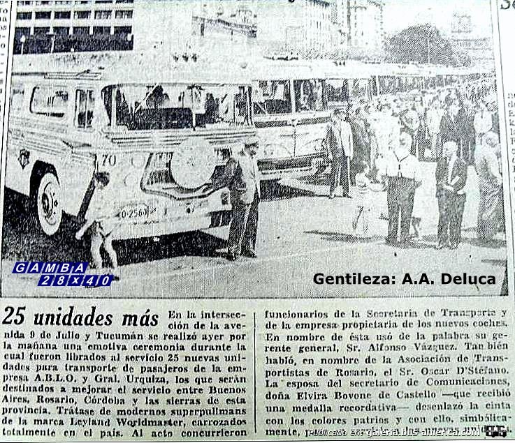 Leyland Royal Tiger - A y L Decaroli - A.B.L.O. y General Urquiza
O-2560
Interno 70
Nota periodística sobre la incorporación de unidades nuevas a estas empresas

Publicación desconocida
Gentileza: A.A. Deluca
Palabras clave: Gamba / Larga