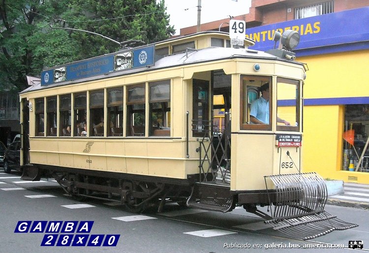Brill - La Metallurgique y Baume y Marpent (en Argentina) - C.T.C.B.A. [Recreación]
Línea 49 - Interno 652
Recreación de un tranvía de la C.T.C.B.A., es propiedad de la A.A.T.
Debido a que no quedó ninguno en pié, se importó éste coche de Portugal

Colección: Gamba 28x40
Palabras clave: Gamba / Tranv