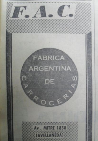 Carrocerías F.A.C.
Publicidad de carrocerías F.A.C.
Extraída de un revista de época
 Colección J Arcuri- A A Deluca
Palabras clave: Gamba / fac