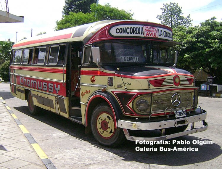 Mercedes-Benz LO 1112 - Biglia - Chamussy
E 083699 - VAK 250
[url=https://galeria.bus-america.com/displayimage.php?pid=29339]https://galeria.bus-america.com/displayimage.php?pid=29339[/url]
[url=https://galeria.bus-america.com/displayimage.php?pid=29344]https://galeria.bus-america.com/displayimage.php?pid=29344[/url]

Micro Ómnibus Ayuí
Línea Concordia-La Criolla - Interno 4

Fotografía: Pablo Olguín
Palabras clave: Gamba / ER