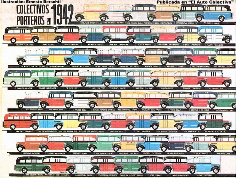 Colectivos porteños en 1942
Ilustración: Ernesto Berschtl
Editada de la publicación: "El Auto Colectivo"
Palabras clave: Gamba / CP1942
