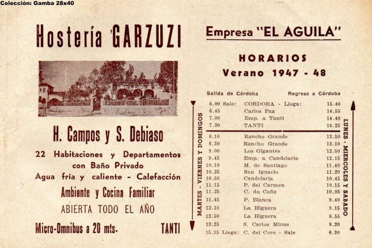 El Águila - Horario
Temporada 1947-1948
Tanti - Provincia de Córdoba
Palabras clave: Gamba / Tanti