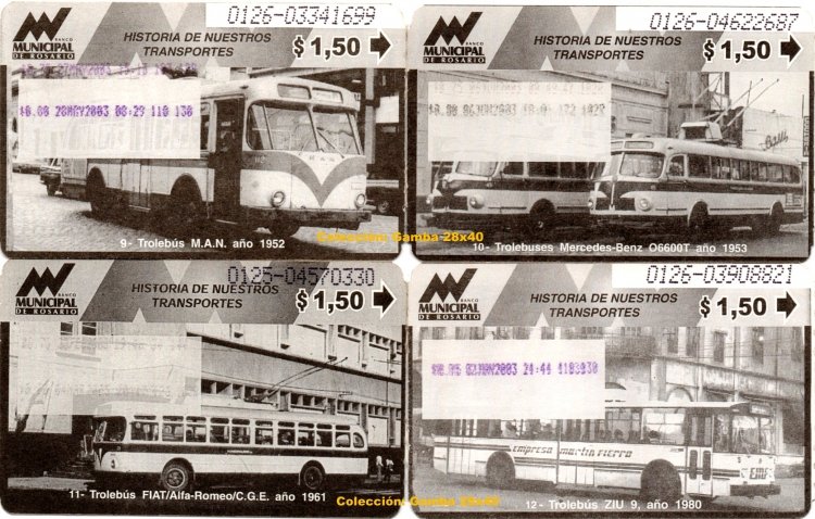 Boletos rosarinos
N° 9  _ Trolebús M.A.N. (año 1952), con estos se inició el servicio
N° 10_  Trolebuses Mercedes-Benz O-6600 T (1953)
N° 11_  Trolebús FIAT/Alfa Romeo/ C.G.E. (1961)
N° 12_  Trolebús ZIU 9 (1980)

Colección: Gamba 28x40
Palabras clave: Gamba / Rosario