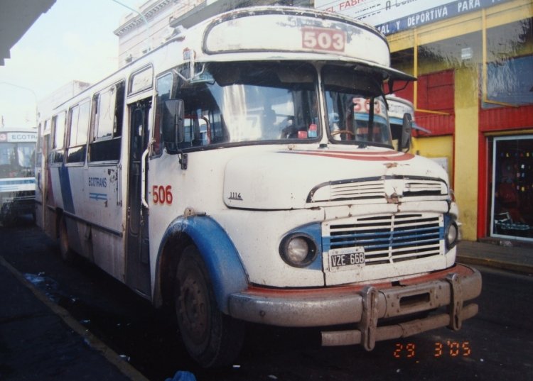 Mercedes-Benz LO1114 - La Favorita - Ecotrans Consultores Asociados 
B 2167206 - VZE 688 
Línea 503 - Interno 506
4º etapa en la vida de este La Favorita. En esta imagen, tomada en Marzo de 2005, luce el interno 506 luego de haber sido el 388 (de Ecotrans), el 388 (de TdO) y originalmente el coche 18 de la Linea 163 (TdO)

http://galeria.bus-america.com/displayimage.php?pid=30443
