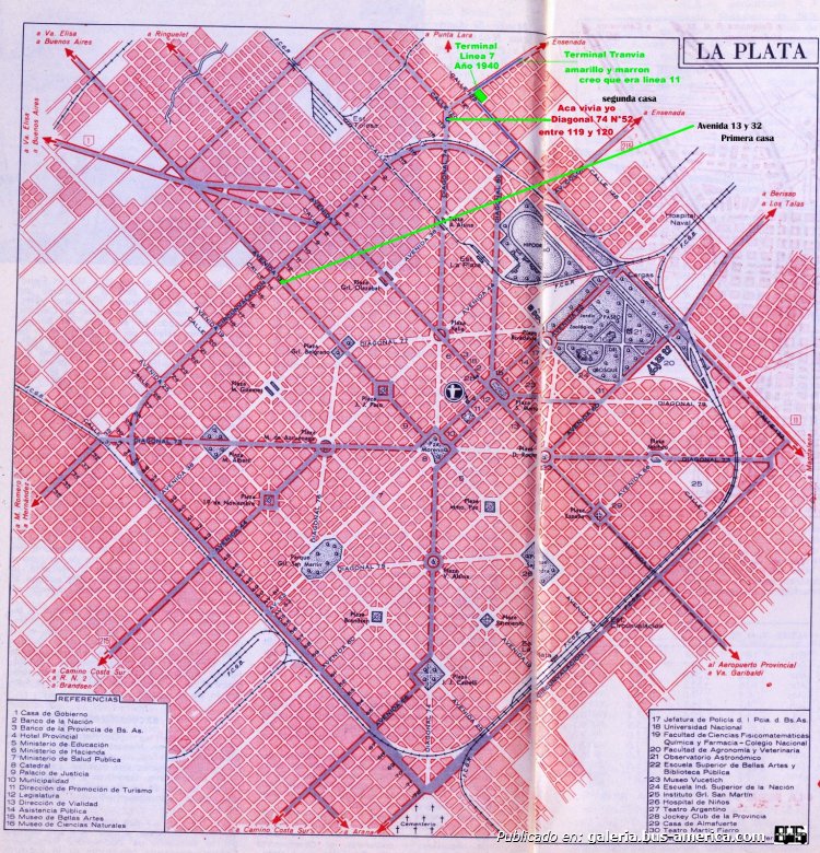 19 Terminal.Linea 7.
En este mapa de la plata de esa epoca marco dode estaba mi casa y la terminal de la linea 7 y se ven las manzanas sin edificacion donde variaban los caballos de carrera.

En el mapa marco los dos lugares dode vivi en La Plata, primero en la avenida 13 y calle 32 y luego en la diagonal 74 entre las calles 119 y 120, sentado en la vereda de casa los fines de semana veia pasar colectivos de las distintas lineas de capital y de provicia con destino a las playas de Punta Lara cada unos con sus familas , lo mismo que autos y camiones era un desfile incesante que a mi me llamaba la atencion ver ese desfile tan impresionante de vehiculos, yo conoci bien esas playas iba con mis padres y eran playas muy lindas y en esa epoca aguas sin contaminar no como ahora que estan tan contaminadas. Se imaginan si en esa epoca yo hubiera tenidos una camara que buena cosecha de colectivos tendria.
