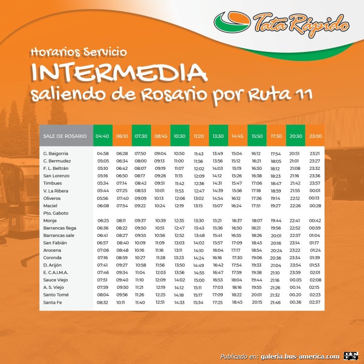 Tata Rápido
P.P. 197 (Prov. Santa Fe)
[url=https://bus-america.com/galeria/displayimage.php?pid=61641]https://bus-america.com/galeria/displayimage.php?pid=61641[/url]

Horarios extraído de: www.tatarapido.com
