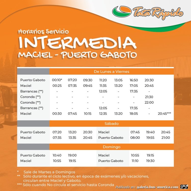 Tata Rápido
Concesión Maciel-Gaboto

Horarios extraído de: www.tatarapido.com
