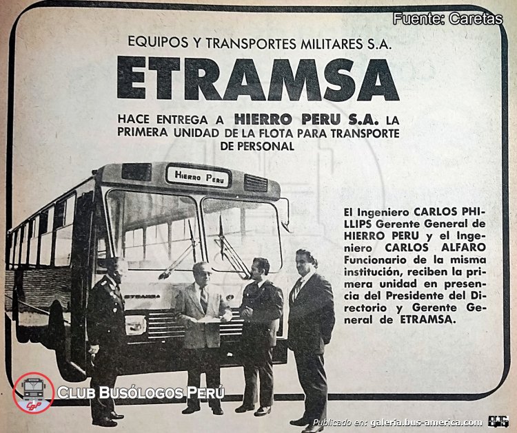 Volvo B10M - ETRAMSA Enatru 85 - Hierros Perú
Fuente: Caretas
Extraído por gentileza de: [url=https://www.facebook.com/share/p/19e7FhEejr/]Club Busólogos Perú, en facebook[/url]


