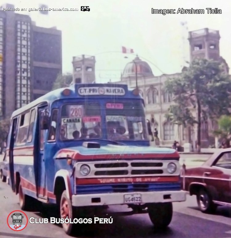 Dodge D 300 - Suenaga - Primavera
UG 6522

Ruta 280 (Lima), unidad 58

Fotografía: Abraham Tiolla
Extraído de: [url=https://www.facebook.com/photo.php?fbid=823641786434745&set=pb.100063667926379.-2207520000&type=3]Club Busólogos Perú, en facebool[/url]

"Imagen de inicios de los años 90’s, resalta el clásico Dodge 300 carrozado por la nacional Suenaga, Padrón 58 – “Guíame Niñito de Ayavi”, de la extinta Ruta 280 (Emp. de Transp. Primavera), fotografiado en pleno recorrido por la Av. Paseo Colon, cuya ruta aprox era: Pte. Camote – San German – Av. Perú – Dueñas – Arica – Plaza Grau – Bauzate y Meza – Parinacochas – Canadá – Salamanca – Nicolás Ayllón – Av. La Molina – Las Viñas.

Agradecimiento por la imagen compartida para nuestro amigo Abraham Ticlla."
