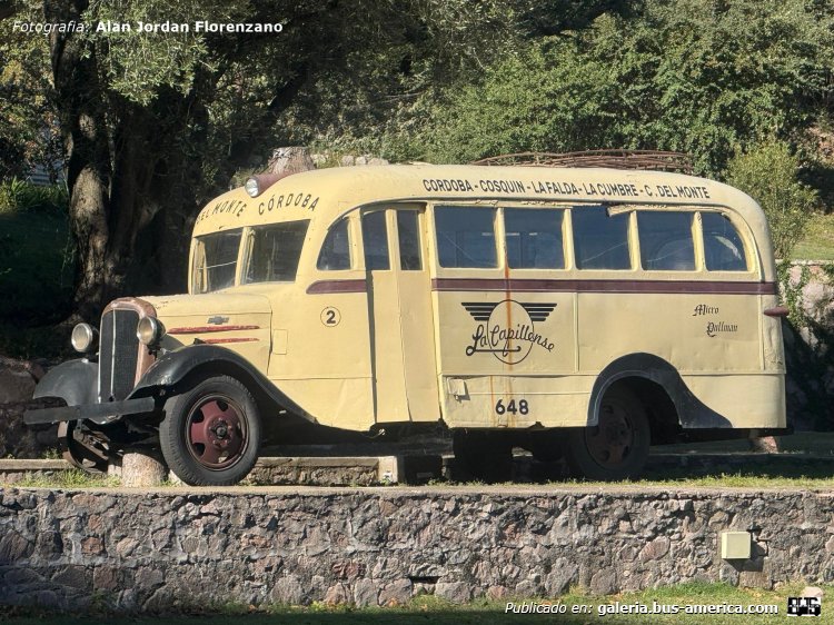 Chevrolet - La Capillense
La Capillense (Prov. Córdoba), interno 2 - patente provincial 648 [vehículo de exposición en museo]

Fotografía: Alan Jordan Florenzano
Gentileza: Cacho Bondi
