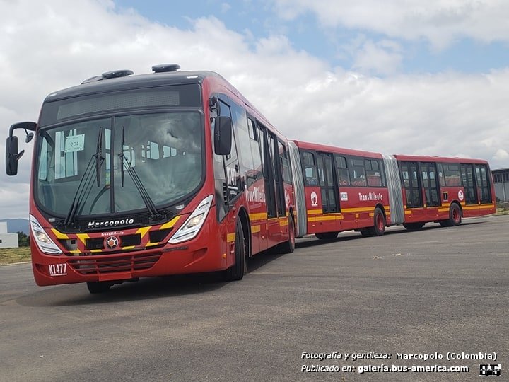 Scania F 340 HA 8x2 - Marcopolo Gran Viale BRT - TransMilenio , Capital Bus
Trans Milenio (Bogotá), unidad K1477

Fotografía de carrocerías: Marcopolo (de Colombia)
