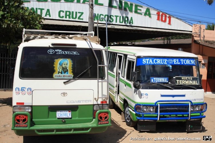 Toyota Coaster (en Bolivia) - Línea 133
¿? [1º]
1369 RLY [2º]

Foto de conlamusicaotraparteee.blogspot.com

[Datos de derecha a izquierda]
Palabras clave: bolivia toyota